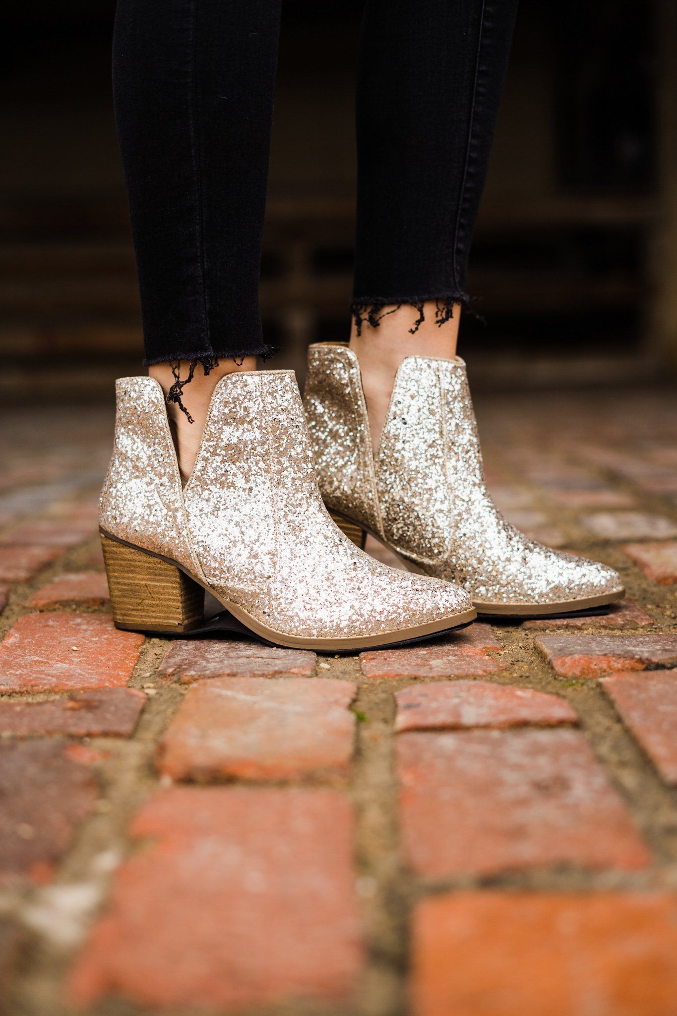 Fiera Glitter Booties Gold 3 Inch Heel Rubber Sole Women Naughty Monkey